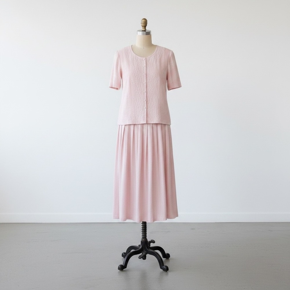Vintage 90s Mom Cottagecore Embroidered Dress 18W Pearls Pink Modest Linen Blend